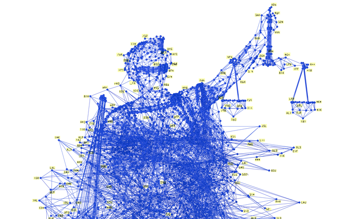 A cluster of data points forming the outline of a blindfolden Lady Justice holding a scale