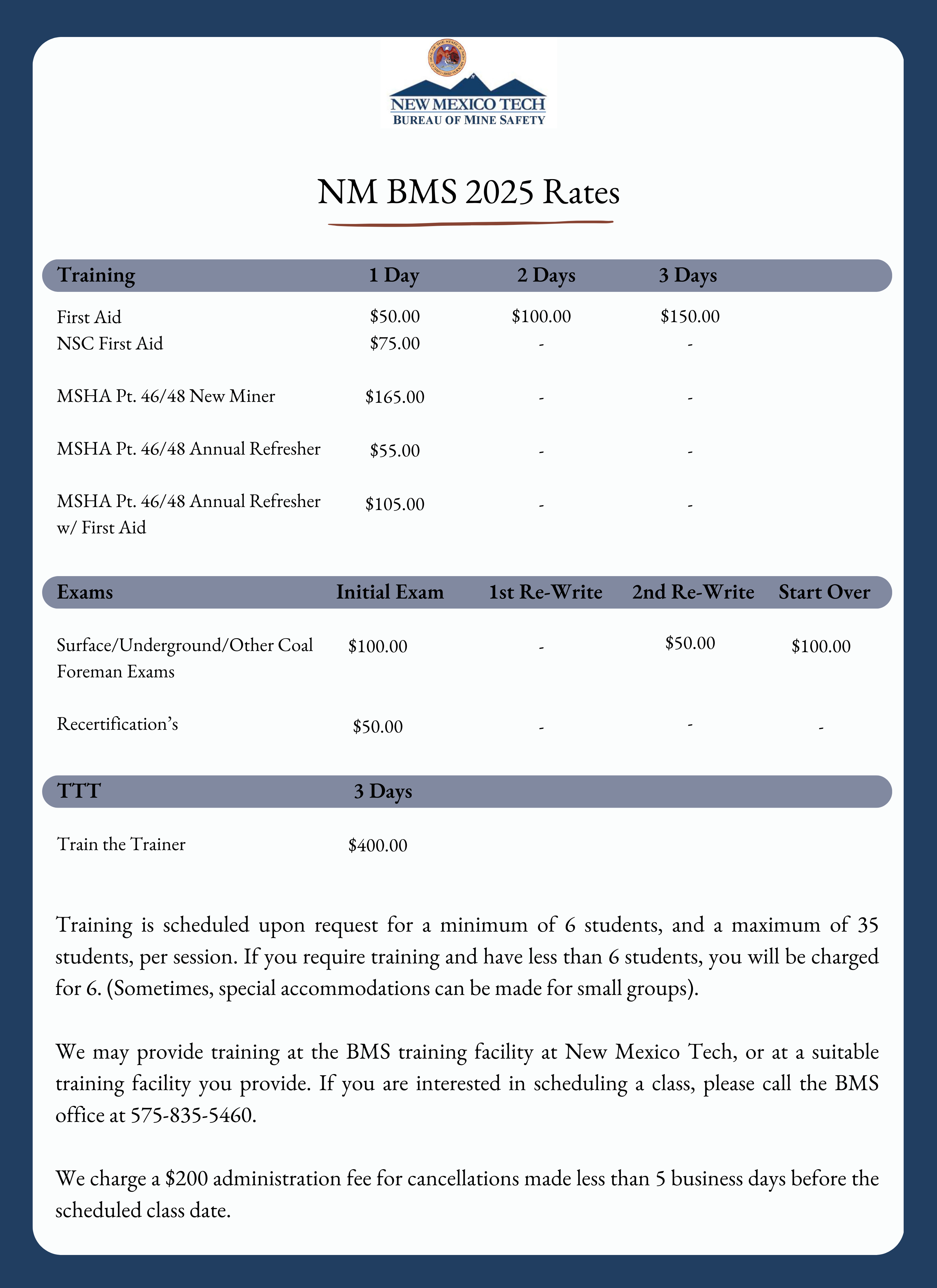 NM BMS 2025 Training Rates